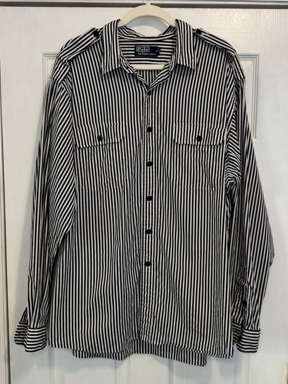 00’s Polo Ralph Lauren Cotton Camp Collar Button Shirt Black White Stripes XXL